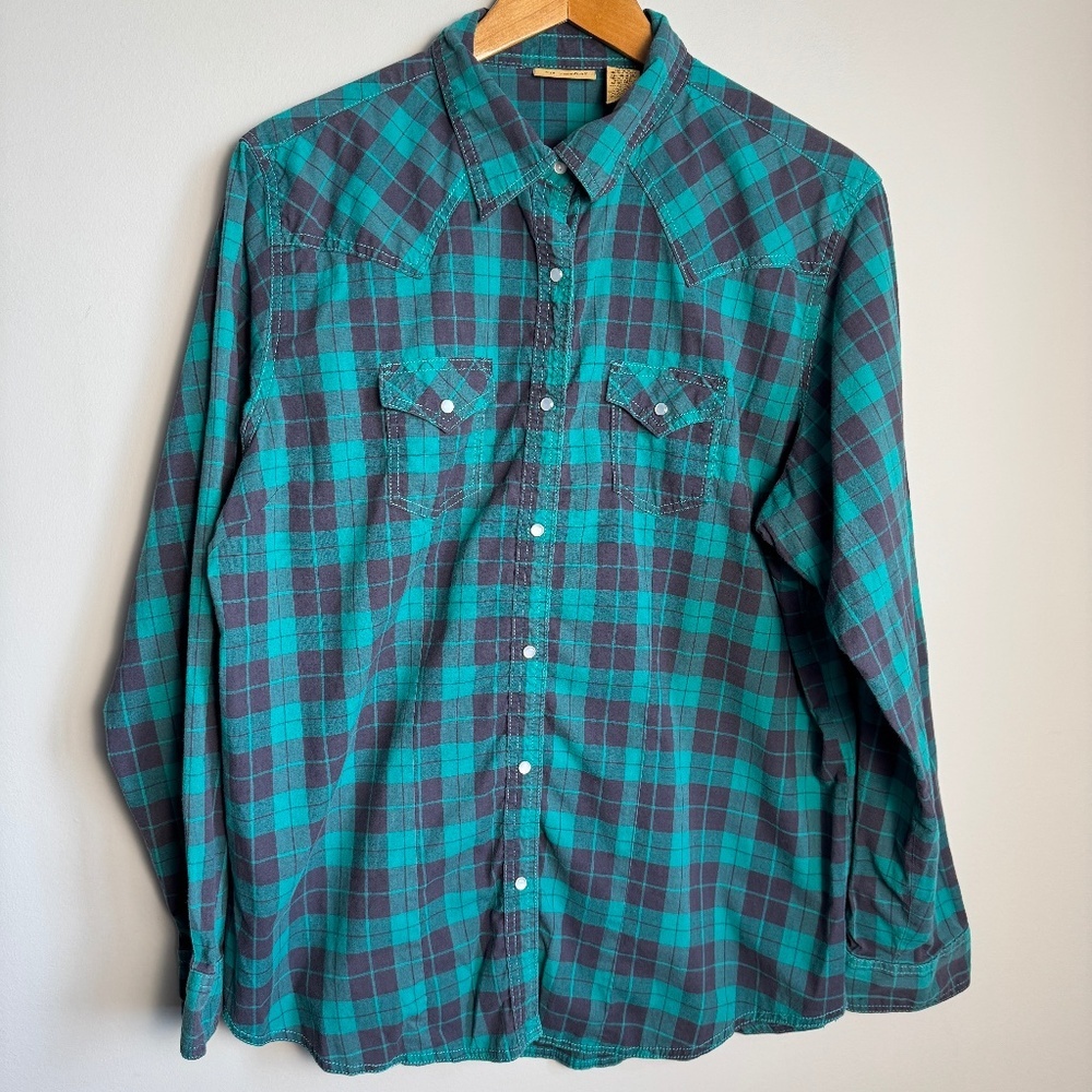 Wrangler Women's Vintage Western Plaid Pearl Snap Shirt Green XXL Rodeo Stampede